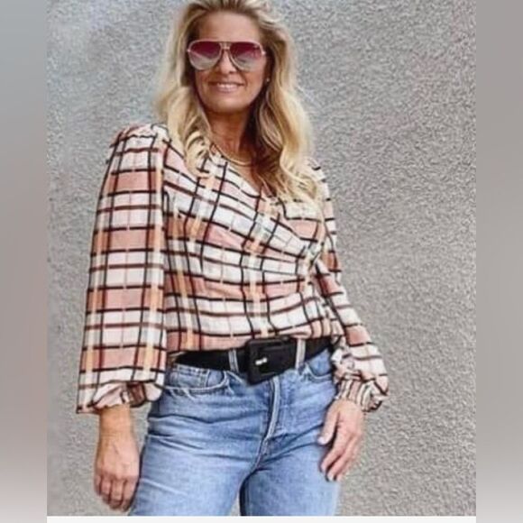 CAbi whist blouse in pastel painted plaid size medium - Picture 2 of 12